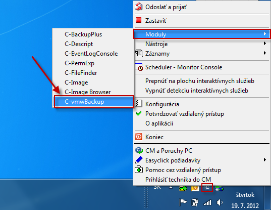 Spustenie modulu C - vmwBackup cez Tray menu C-Monitor ikonky