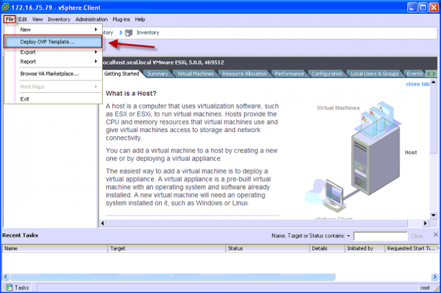 Vstup do obnovy VM pomocou OVF deployment cez horné menu