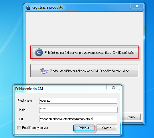Prihlásenie na CM server pre výber zákazníka pod ktorým chcete PC zaregistrovať