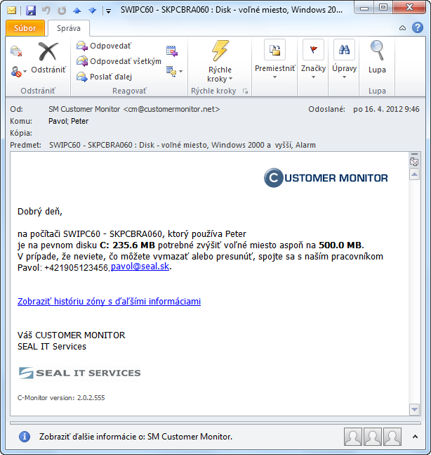 Notifikačný email o poruche