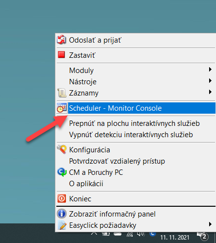 Možnosť Scheduler – Monitor Console v memu pod tray ikonou C-Monitora