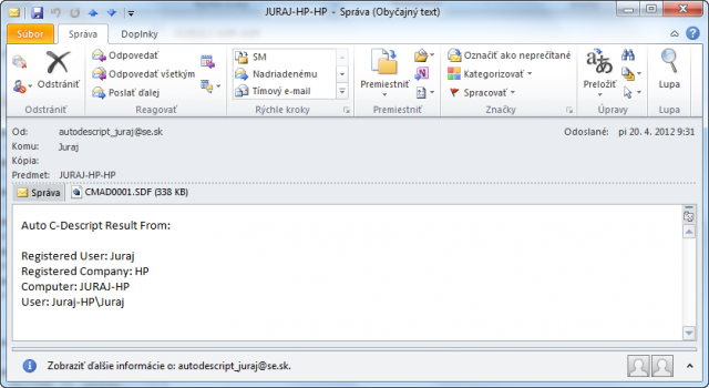Email odoslaný po úspešnom dokončení autodescriptu