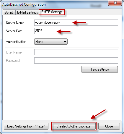 V záložke SMTP settings treba zadať meno a heslo smtp servera pre odosielanie emailov, tieto údaje vám poskytne váš provider, po vyplnení všetkých údajov kliknete na tlačidlo Create AutoDescript.exe čím vytvoríte spúštací súbor