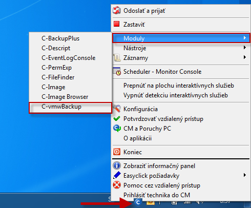 Zobrazenie C-vmwBackup v časti moduly