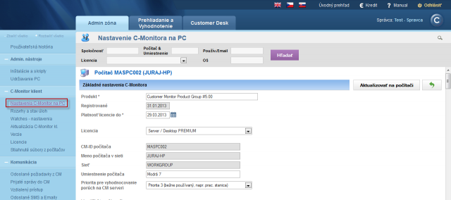 Detail nastavenia C-Monitor klienta na konkrétnom PC