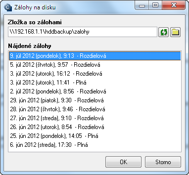 Zoznam záloh k obnoveniu