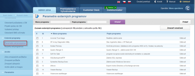 Zoznam nastavených parametrov pre vyhodnocovanie chodu externých programov