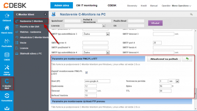 Nastavenie adresy pre meranie Ping Packet Loss (PL) a doby odozvy (RTT) na CM portáli