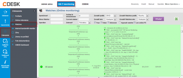 Zobrazenie watchu pre monitoring stavu serverov na CM portáli
