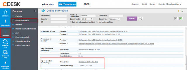 Zobrazenie aktuálneho stavu Ftp rýchlosti v Online informáciách