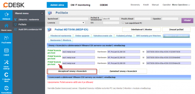 Akceptovanie troch nových licencií pre zálohovanie po prihlásení na CM server