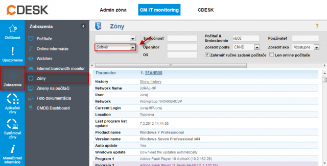 Zoznam nainštalovaného softvéru v časti Prehliadanie a vyhodnotenie -> Zóny -> Softvér