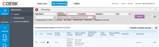 Upozornenie o skončení platnosti licencie s počtom dní do jej vypršania na CM portály 