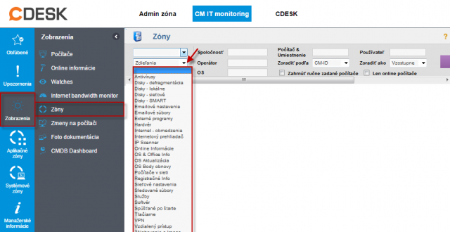 Zozbierané konfig. údaje z PC v časti CM IT monitoring  -> Zobrazenia -> Zóny