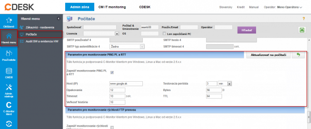 Nastavenie monitoringu Ping PL,RTT v časti Admin zóna -> Počítače -> záložka nastavenie C-Monitora 