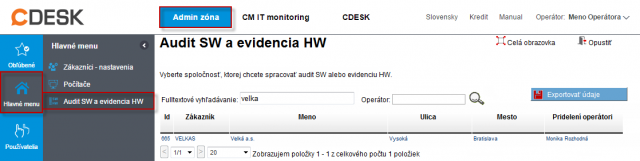 Zoznam nainštalovaného softvéru v časti Admin.zóna -> SW audit (a HW evidencia)