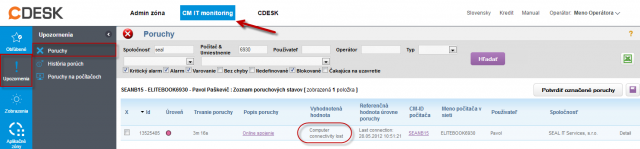 Výpadok spojenia s PC bez výpadku int. linky