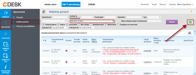 Export histórie porúch do excelu