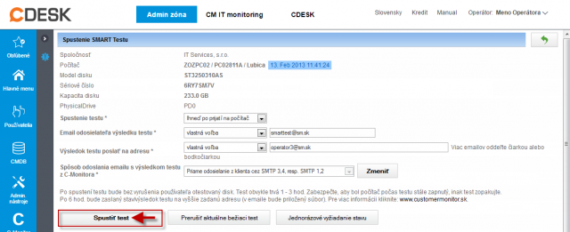 Spustenie vzdialeného testu pevného disku z emailu 