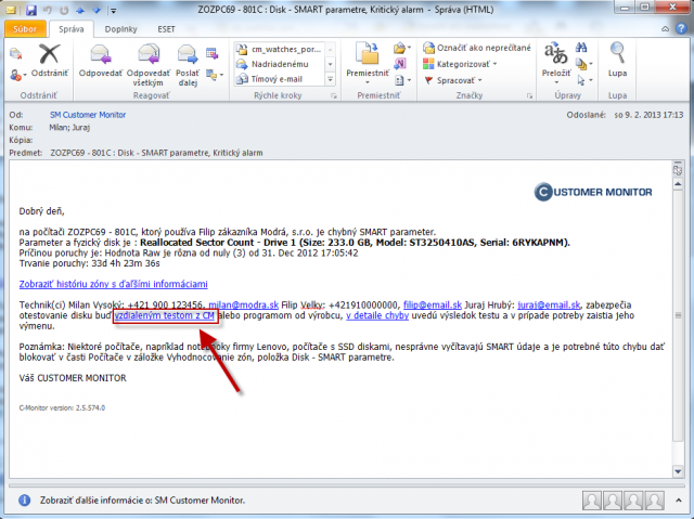 Spustenie vzdialeného testu pevného disku z emailu 