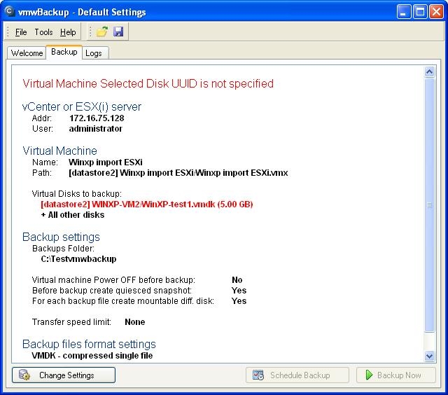Chybová hláška pri nastavovaní zálohovania cez modul C-vmwBackup pri priamom nakopírovaní ESX(i) súborov do ESX hostu
