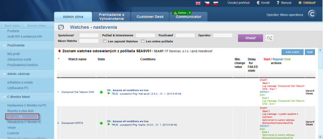 Detail nastavenia akcií watchu